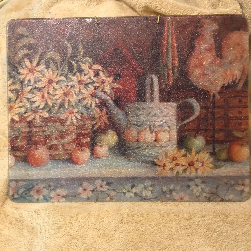 Daisies & Rooster Tempered Glass Cutting Board 15x12